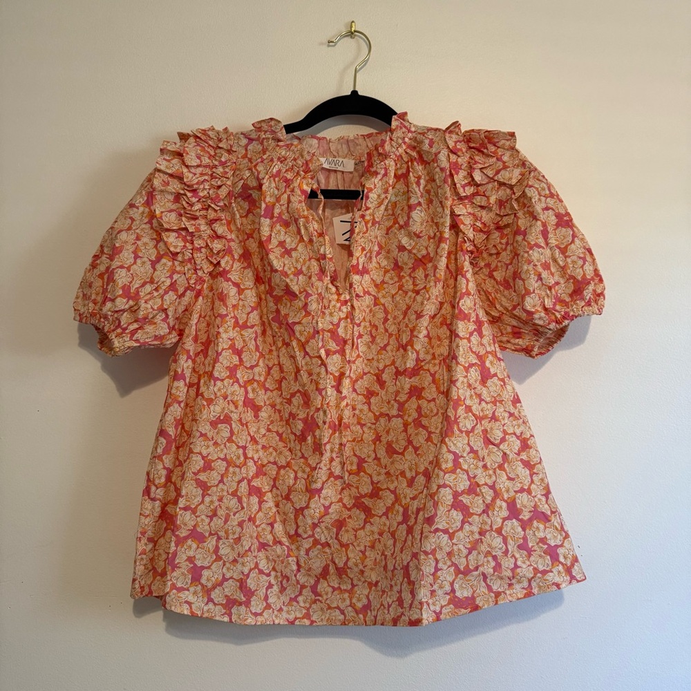 Avara Pink Cream Floral Ruffle Puff Sleeve Blouse Top Size Medium